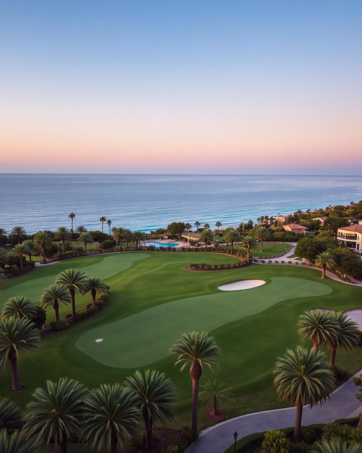 Vue d'un resort de golf en bord de mer
